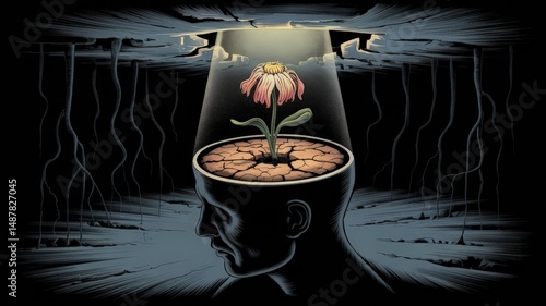 Human head coffee cup with flower growing from brain, surreal concept