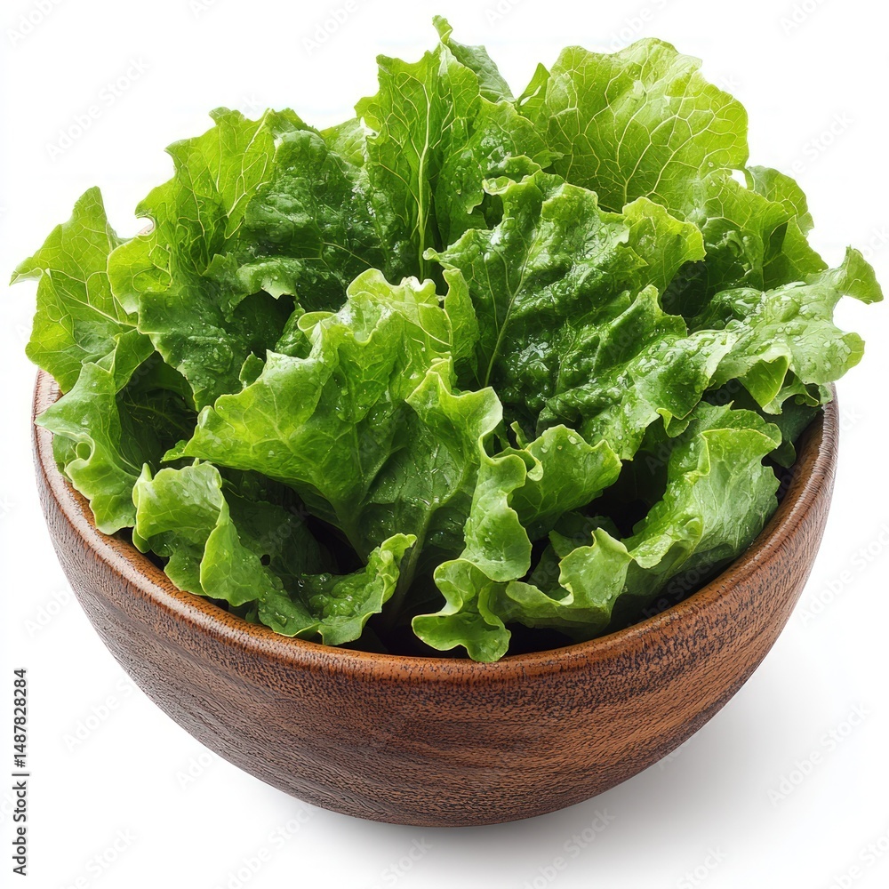 Fresh Green Lettuce Leaves in Wooden Bowl on White Background for Healthy Eating and Cooking Ideas Fresh Green Lettuce Leaves in Wooden Bowl on White Background for Healthy Eating and Cooking Ideas