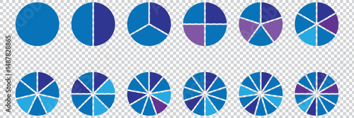 Circle pie chart diagram. Set of pie charts diagrams. Pie chart divided 2, 3, 4, 5, 6,7, 8, 9, 10, 11, 12. equal parts. Circle section graph. Different color circles. Colorful diagram graphs eps 10