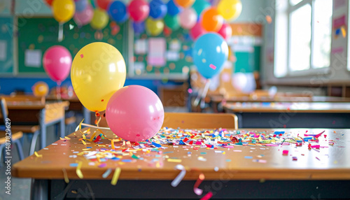 Classroom with empty desks and colorful confetti, symbolizing the end of the school year