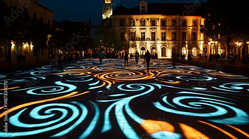 An artistic light installation illuminating the city square with radiant patterns, making the night feel magical