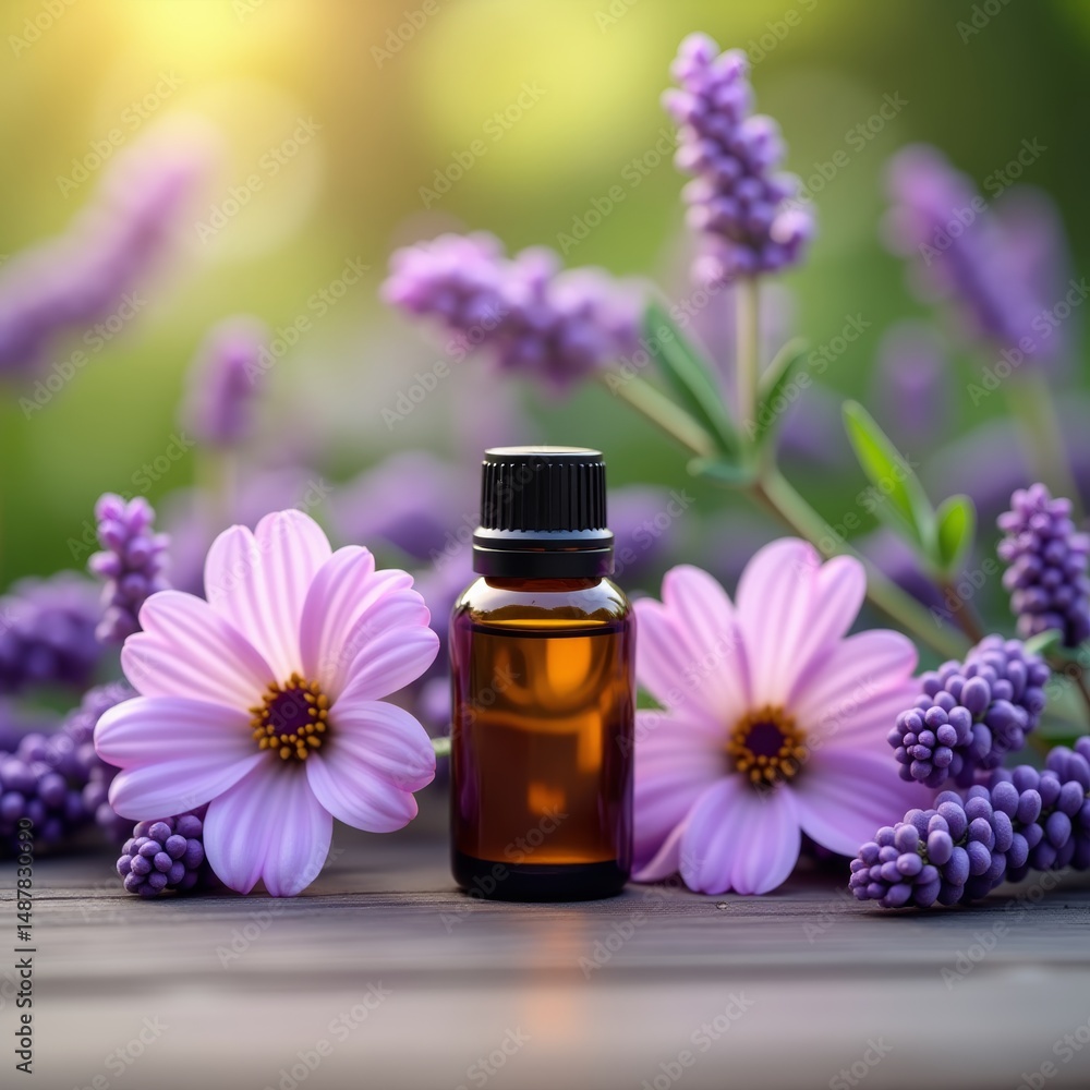 Small bottle of oil among purple flowers on gray surface Small bottle of oil among purple flowers on gray surface