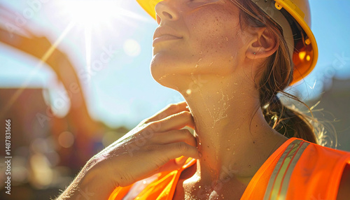 Construction worker wiping sweat from neck under harsh sun, no face shown