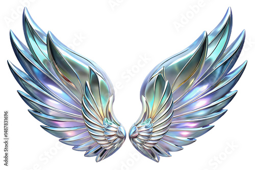 A pair of iridescent, metallic angel wings, digitally rendered.