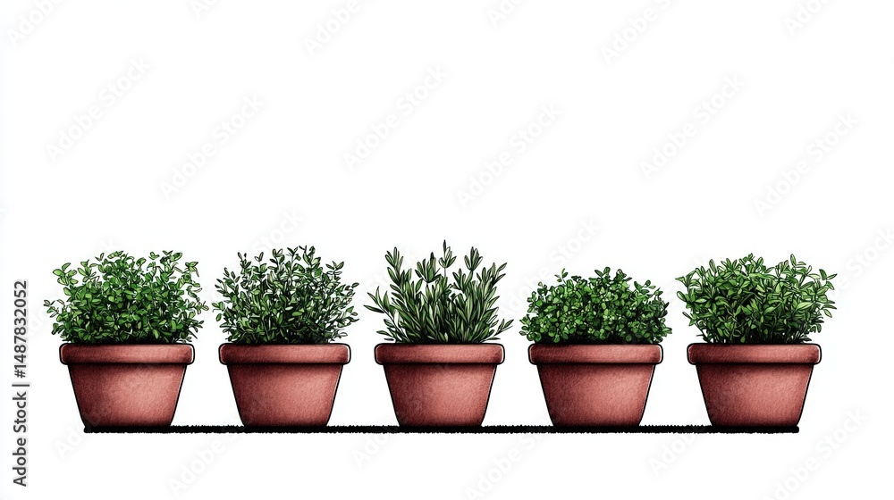 Five potted herbs with white background. Five potted herbs with white background.