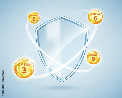 Realistic vector of golden Omega 3-6-9 and Vitamin E capsules with protective shield on blue background. Concept of immune support, vitamins, natural supplements and health defense.