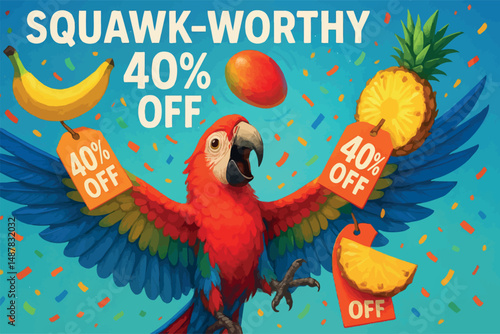 A vibrant parrot, surrounded by colorful fruits and confetti, proudly showcases a tempting "40% OFF" promotion. A scene for sale, this illustration is sure to bring a tropical feel!