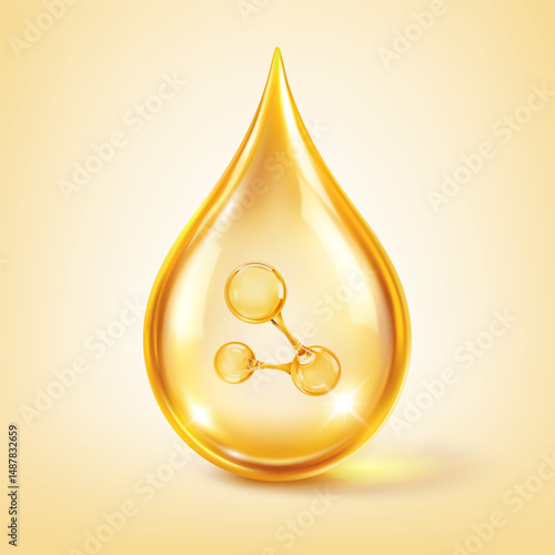 Glossy Collagen Serum Drop with Molecule Inside. 3D Golden Oil Droplet for Cosmetic Concept. Vector