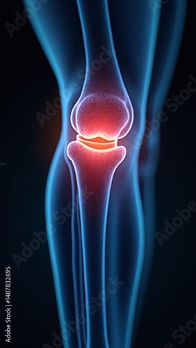 Closeup of knee joint with glowing red bone surfaces