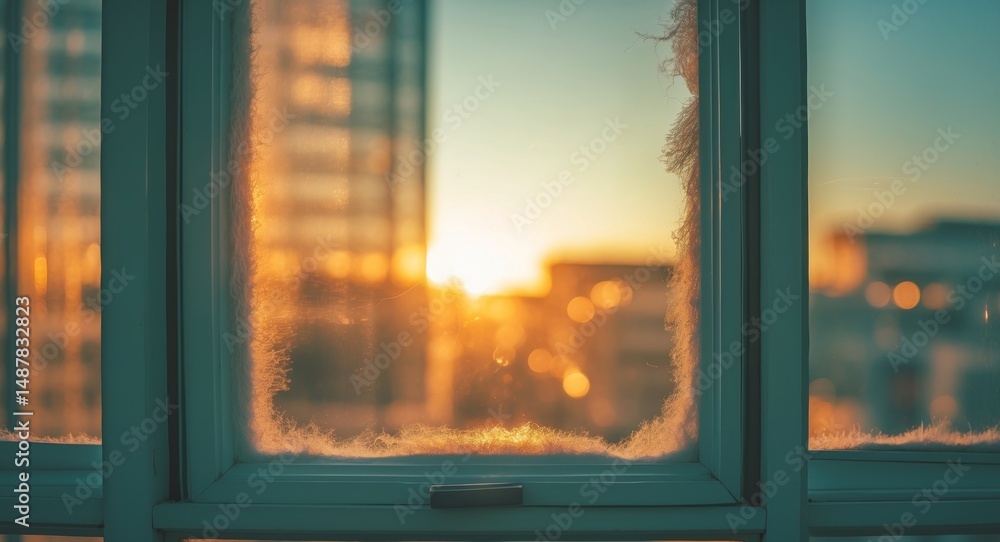 Golden Hour Through an Old Window: A Nostalgic View of the City at Sunset, Window frame. Golden Hour Through an Old Window: A Nostalgic View of the City at Sunset, Window frame.