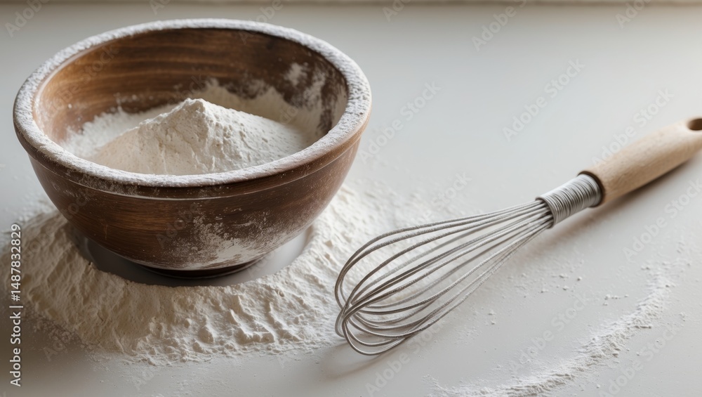 Flour in a Wooden Bowl with Whisk Ready for Baking and Dessert Preparation. Flour in a Wooden Bowl with Whisk Ready for Baking and Dessert Preparation.