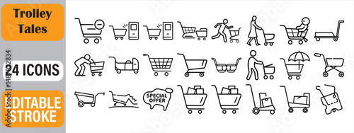 Collection of 24 shopping trolley icons depicting shopping activities and special offers available