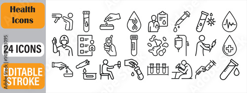 A collection of twenty four healthcare and medical icons in a modern outline style