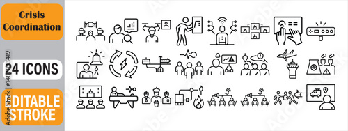 Collection of modern line icons representing crisis management and emergency coordination