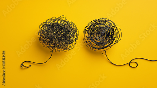Two light beige, speech bubble-shaped objects are positioned on a bright yellow background. One speech bubble contains a tangled mess of black lines, while the other features a spiral design