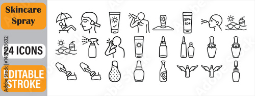 Collection of skincare icons representing sun protection, spraying application, and healthy skin habits