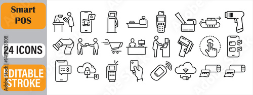 Collection of smart point of sale icons depicting modern payment technology and transactions