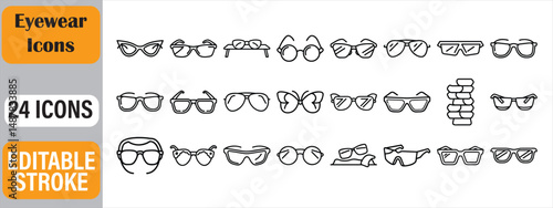 Collection of twenty four black and white eyewear icons with editable strokes