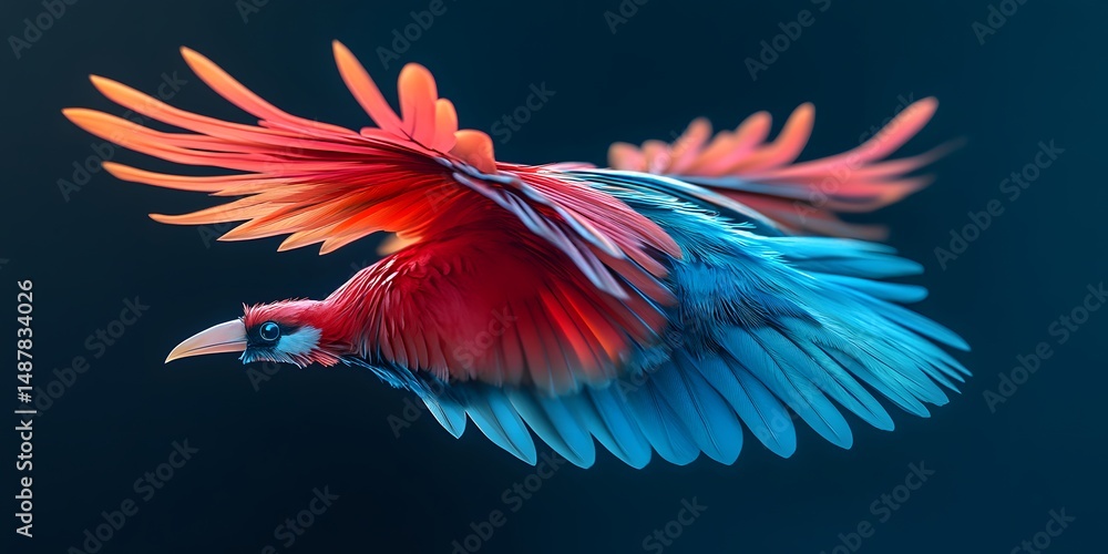 Obraz premium Vibrant avian in flight against a dark backdrop.