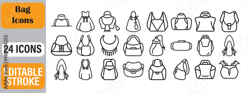 Collection of twenty four modern black and white bag icons with editable stroke