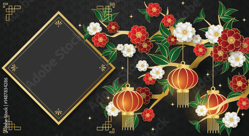 Chinese style festival banner of tree branches with flowers and lanterns on black pattern background for your copy space. For Chinese New Year, Lunar new year, Mid-autumn festival.