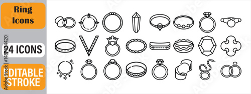 Collection of twenty four ring icons in minimalist outline style for jewelry designs