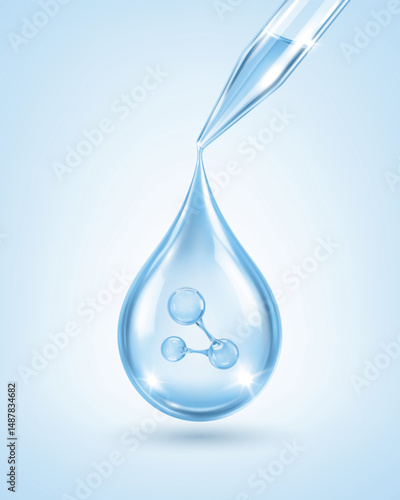 Blue hyaluronic acid serum drop with molecule inside. Skincare concept. Vector illustration