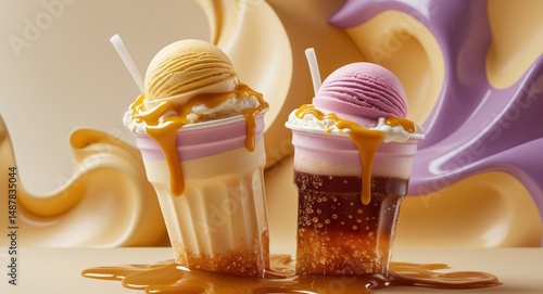 Wallpaper Mural Two Ice Cream Floats with Caramel Drizzle and Straws on a Sweet Background. Torontodigital.ca