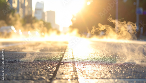 Blurry heat haze rising from asphalt or city pavement in hot summer weather