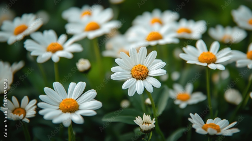 Fototapeta premium Beautiful White Daisy Flowers with Orange Centers Blooming in a Lush Green Garden Setting Under Natural Light