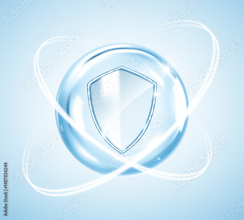 Futuristic shield inside transparent bubble witch dynamic glowing effect. Immunity, skincare protection, antivirus barrier, or digital safety concept. Vector illustration