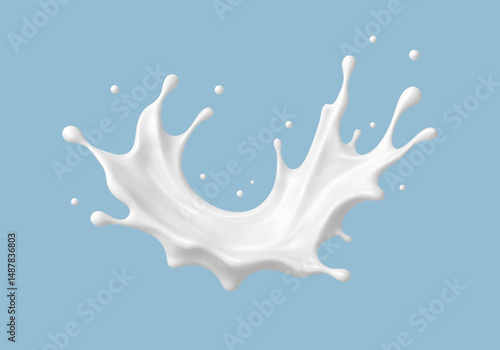 Realistic milk splash in mid-air on blue background. Vector dairy or cosmetic concept.