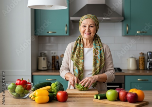 A smiling senior woman in her kitchen, preparing fresh vegetables for a meal and enjoying her time.