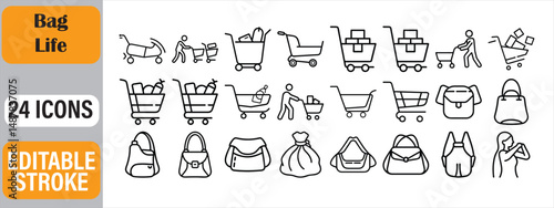 Twenty four vector icons depicting shopping carts and various types of bags for design use