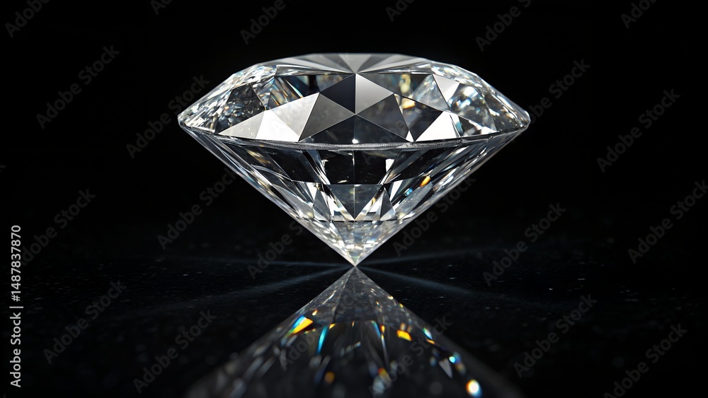 Sparkling Diamond on Black Background with Reflection