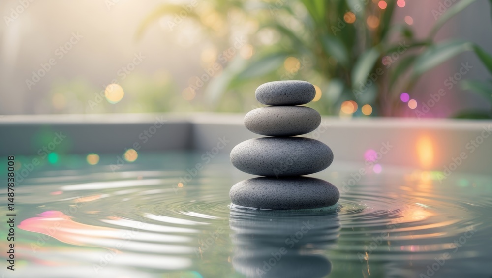 Obraz premium Calming Stone Stack in Water, Representing Harmony and Balance for Serene Meditation.