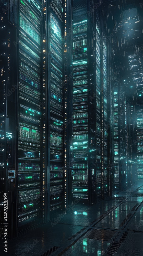 Futuristic server room with glowing racks at night. Futuristic server room with glowing racks at night.