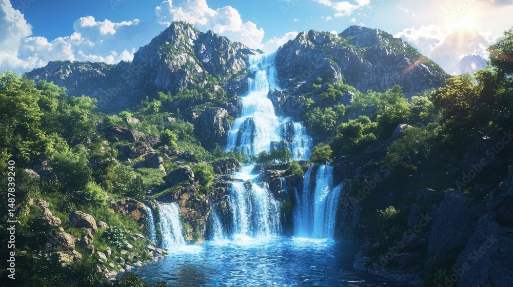 Fototapeta premium Majestic waterfall cascading through lush mountains nature landscape bright daylight serene environment