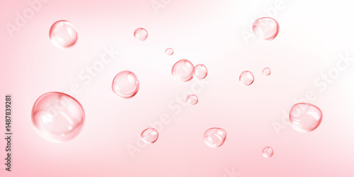 Pink transparent cosmetic serum bubbles isolated on light background. Hyaluronic acid or collagen. Skincare beauty product concept. Vector illustration