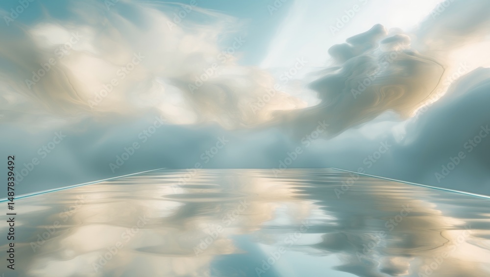 Reflective Horizon: A dreamscape of clouds, water, and serene skies in pastel hues. Reflective Horizon: A dreamscape of clouds, water, and serene skies in pastel hues.