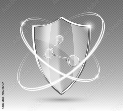 Transparent shield with molecular structure and glowing protection rings. Vector illustration for immune and skincare protection concept