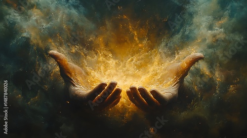 Artistic rendering of human hands cradling radiant energy in high resolution photo