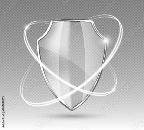 Transparent glossy shield with glowing protection rings. Safeguard sign. Security concept. Vector illustration