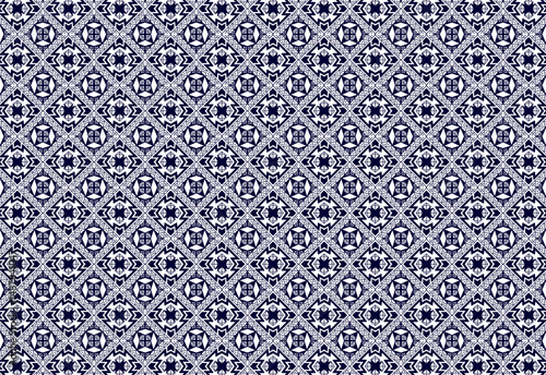 blue and white geometric tile pattern, diamond and crystal design. Seamless, elegant and modern for background, textile and decor. A touch of luxury and class.