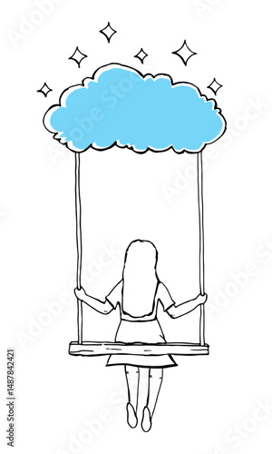 Woman sitting on a swing hanging in a cloud, abstract dream hand-drawn art.