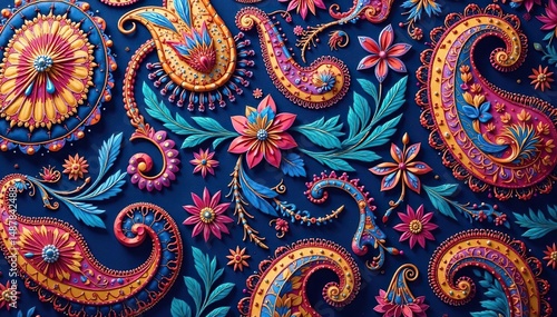 Intricate paisley pattern, flowing seamlessly across the frame , art, print