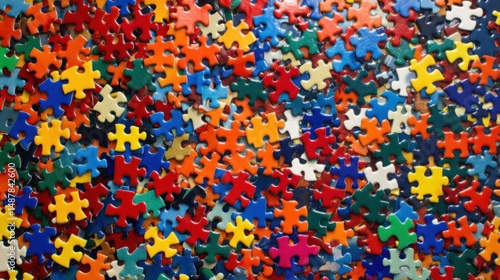 Colorful jigsaw puzzle pieces densely arranged.