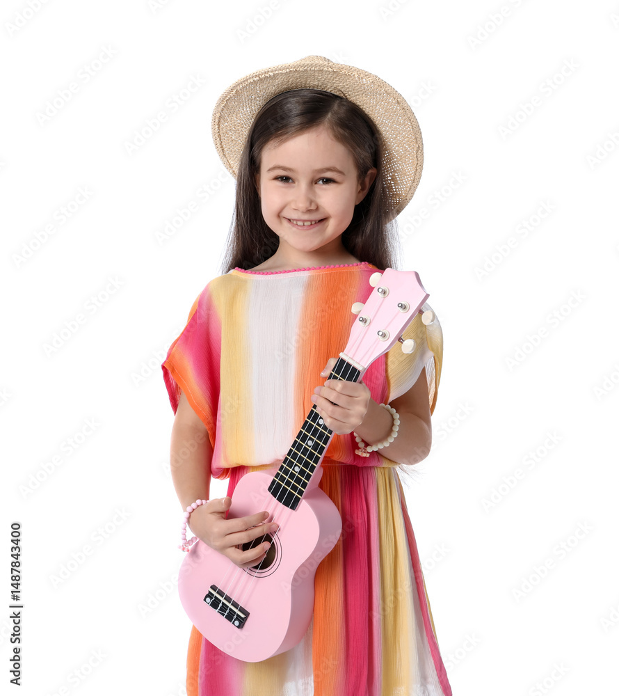 Fototapeta premium Cute girl playing toy guitar on white background