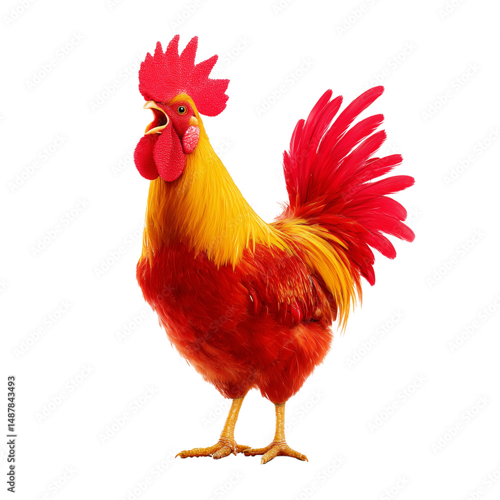 Vibrant rooster crowing isolated on white