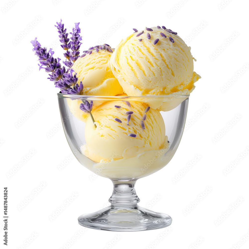 Lavender ice cream in glass cup isolated on white